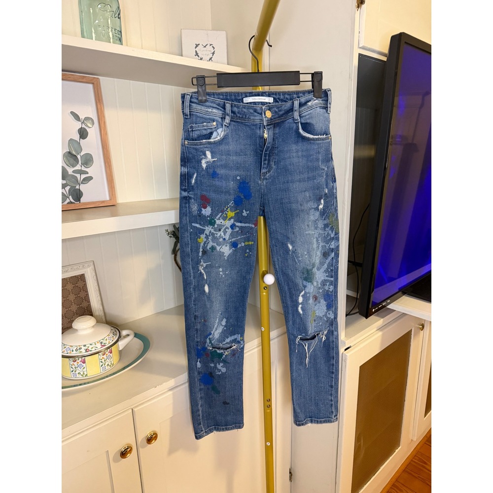 Zara Trafaluc Paint Splatter Distressed Slim Cropped Jeans Blue Size 2